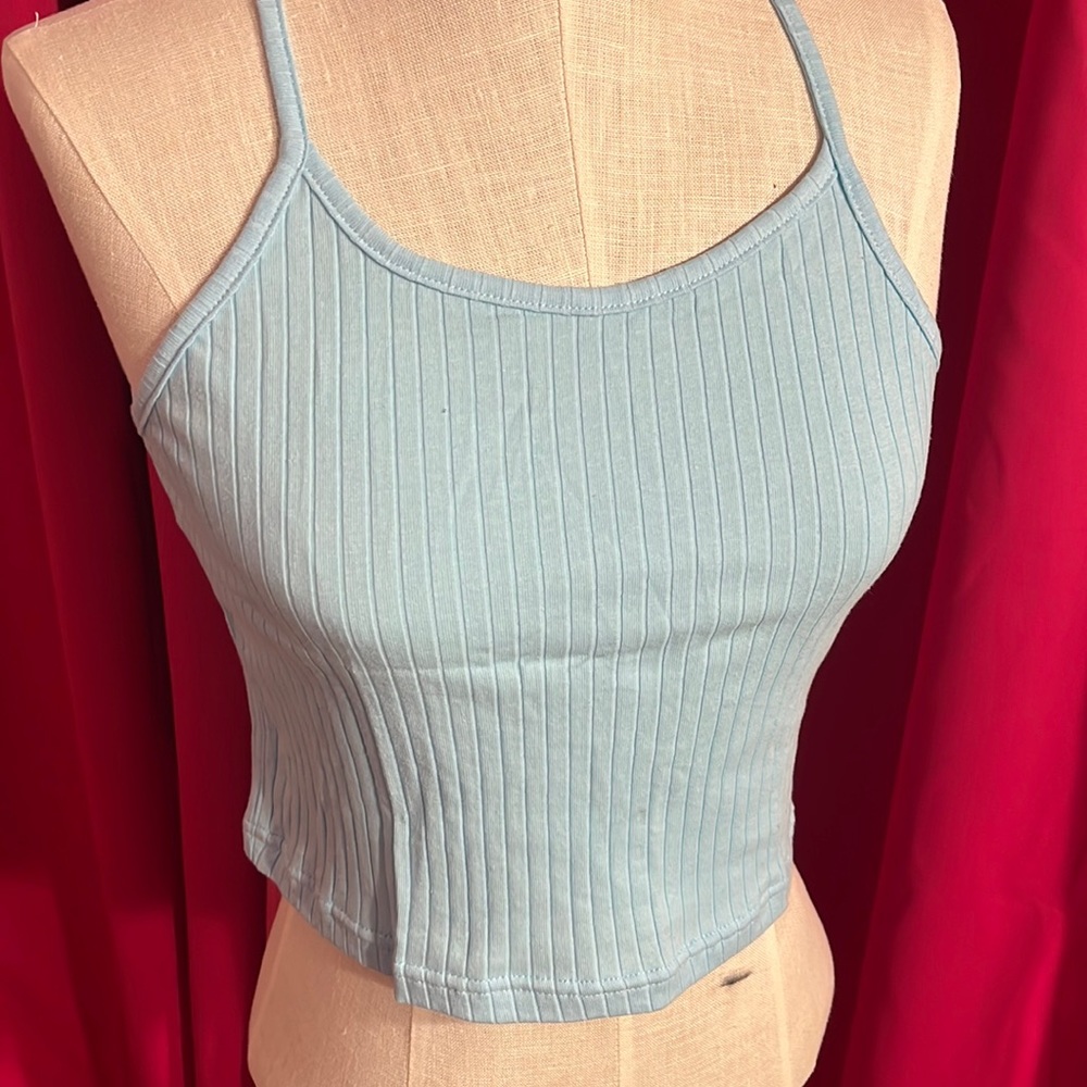 A light blue racer-back tank top